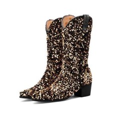 Womens Sequins Pointed Toe Mid Calf Boots Party Club Formal Casual Evening Shoes