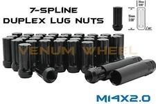  M14x2.0 Spline Black (24pc) Lug Nuts + 2 Keys For Aftermarket Wheels 