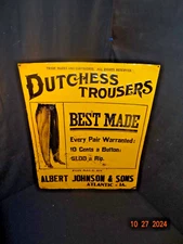 Antique Embossed Albert Johnson & Sons Atlantic Iowa Dutchess Trousers Tin Sign