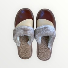 Ciabatta donna pelle di pecora marrone panna foderata lana taglia 3,5