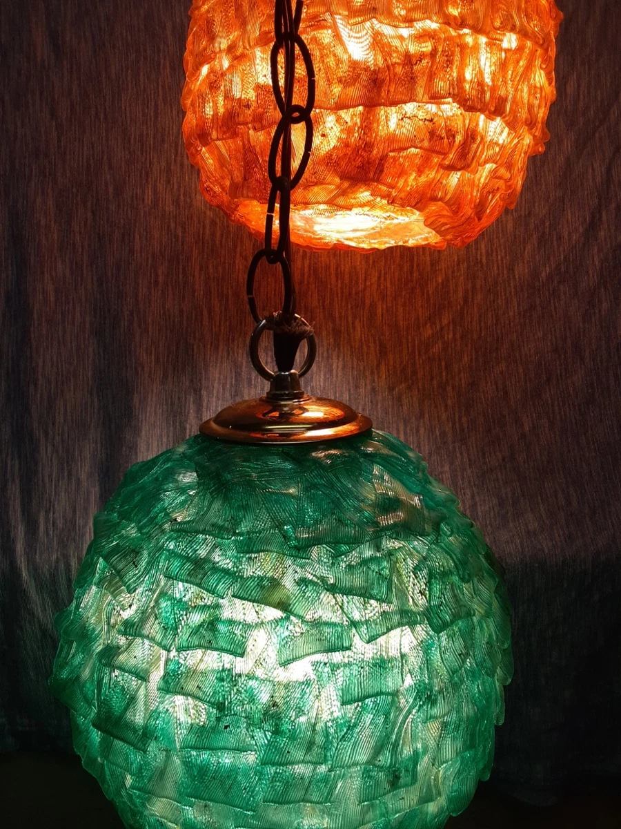 PAIR MID CENTURY MODERN PLASTIC RIBBON GLOBES GREEN ORANGE HANGING SWAG LIGHTS