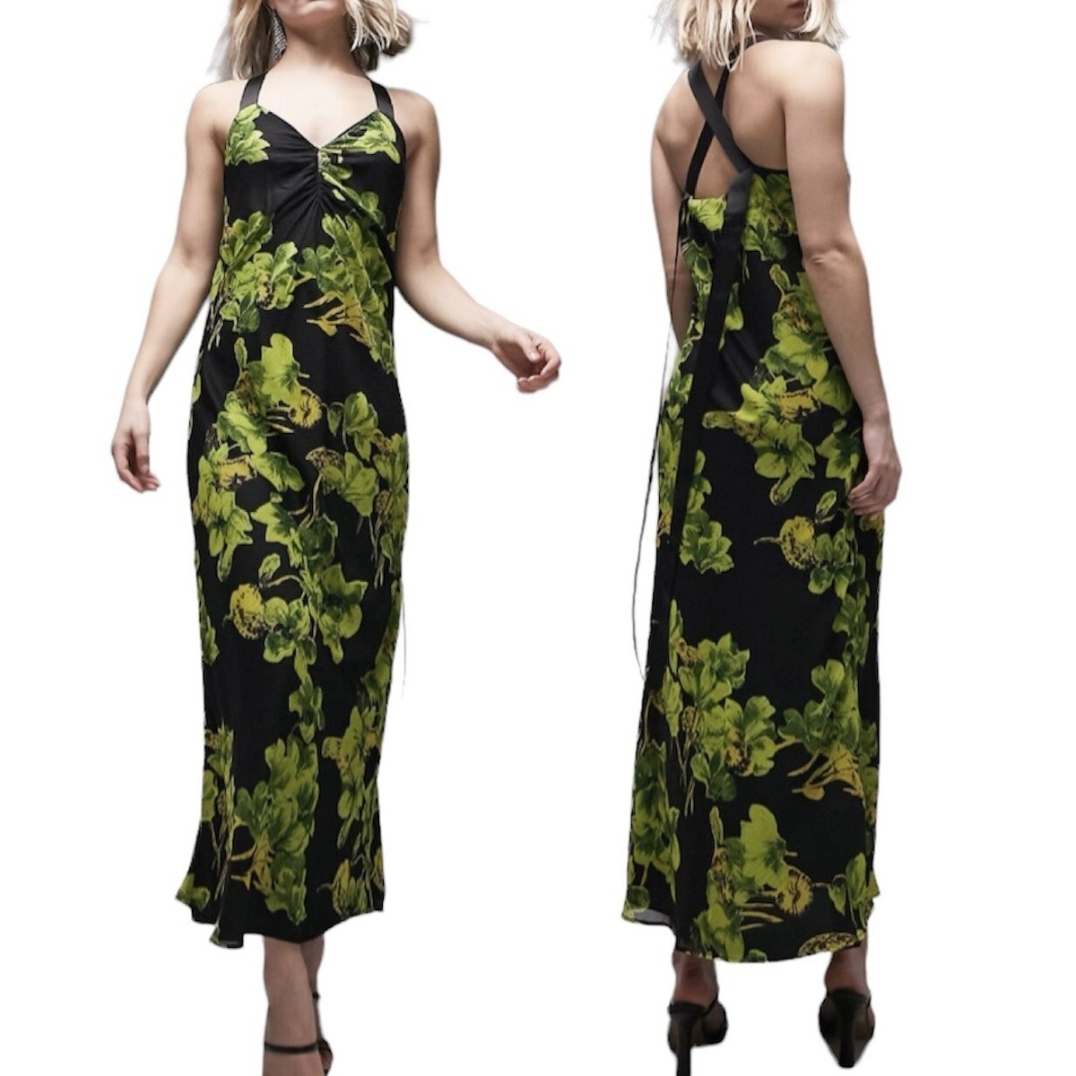 New Topshop Floral Print Cross Back Strap Maxi Dress Black Green Multi Size  4