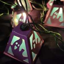 Electric String of 10 Metal Ghost Lights 8 ft long Purple Metal 2.25 x 2.25"