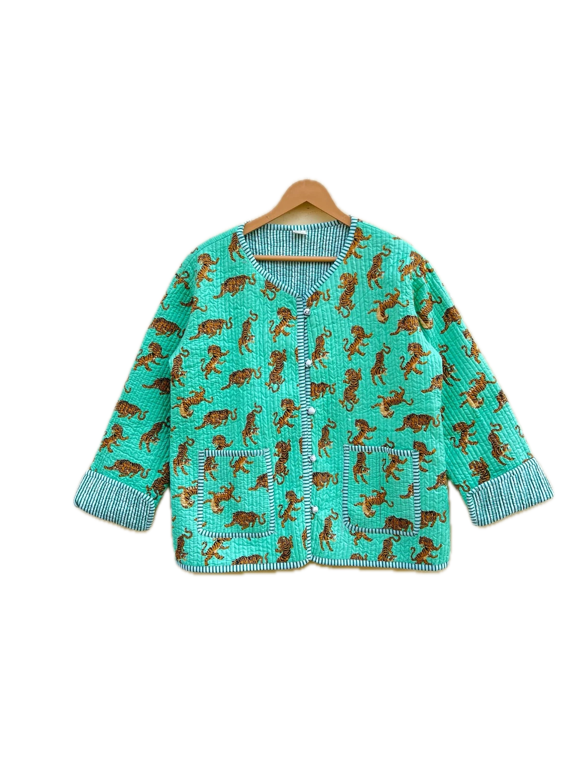 Indian Green Tiger Floral Cotton Quilted Unisex Jacket Women's Clothing Jacket