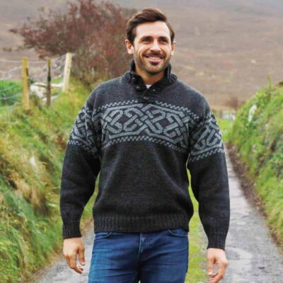 Gray Celtic Knot Irish Wool Sweater for Men UK