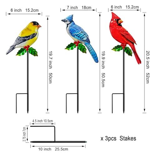 Metal Birds Garden Stakes 3 Pack Outdoor Lawn Ornaments, Garden Multicolor 3 - Picture 7 of 7