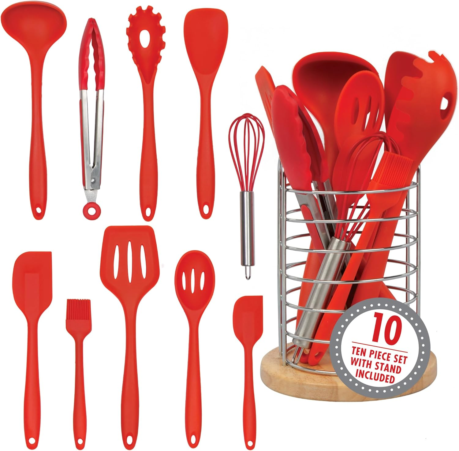 Silicone Kitchen Cooking Utensils W Bamboo Holder- 10 Pc Gourmet Non-Stick, Heat