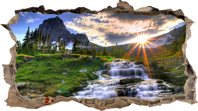 Rocky Mountain Cascade 3D Broken Wall Decal Vinyl Sticker Mural Wall Art Decor