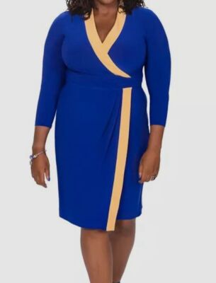 Kasper Women's Blue Colorblock Faux Wrap Sheath Dress Size XL