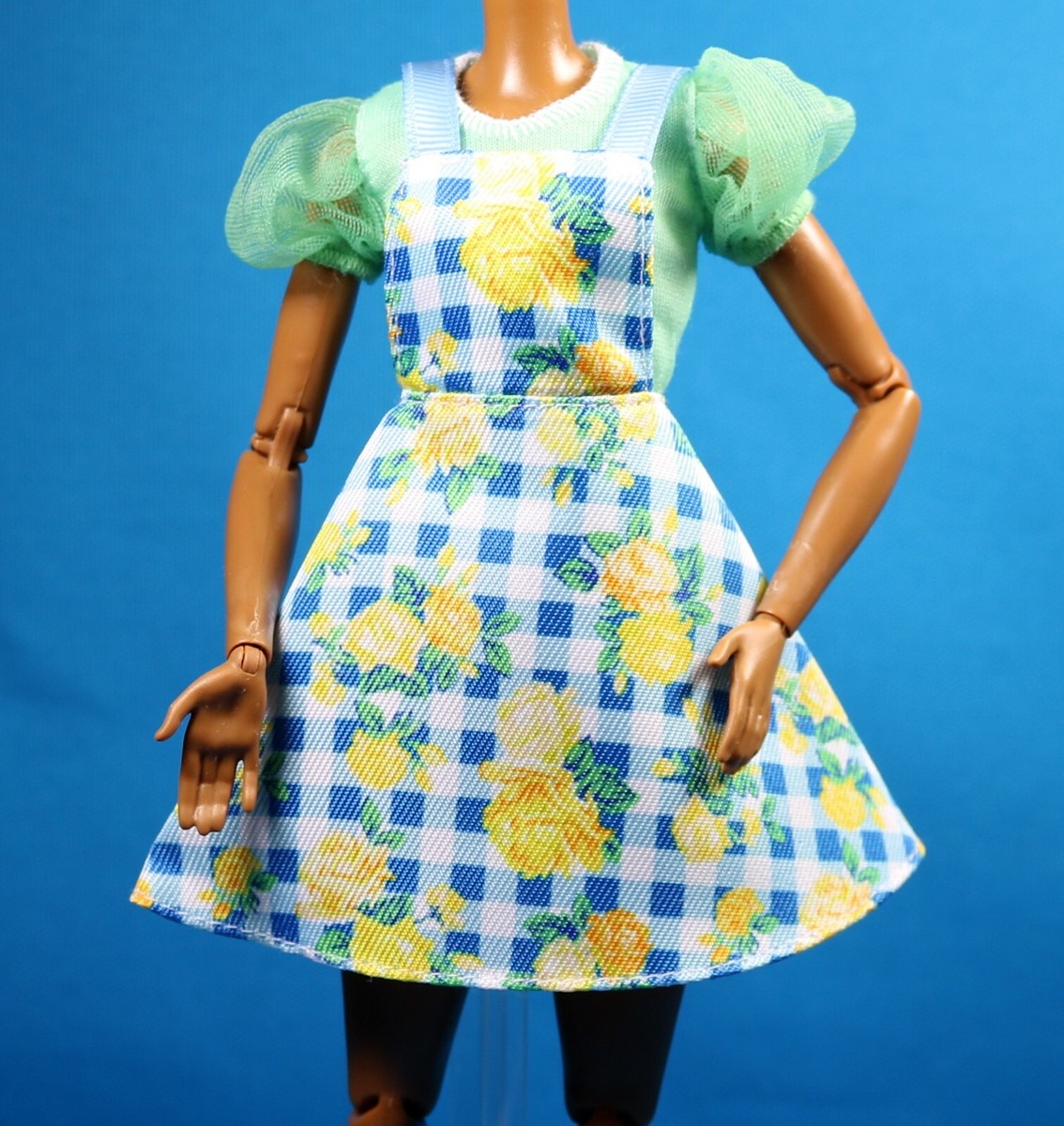 Barbie Fashionistas Blue White Check with Yellow Flowers Overall