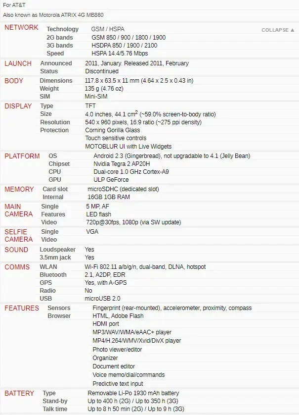 Desbloqueado Motorola ATRIX 4G MB860 Negro 4.0 pulgadas Original 5.0MP Cámara WIFI Foto 2 de 3