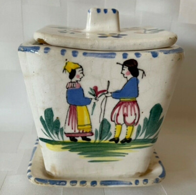 Vintage Japan Quimper Style Jam Jar Hand Painted Breton Couple Mustard Pot Goshi