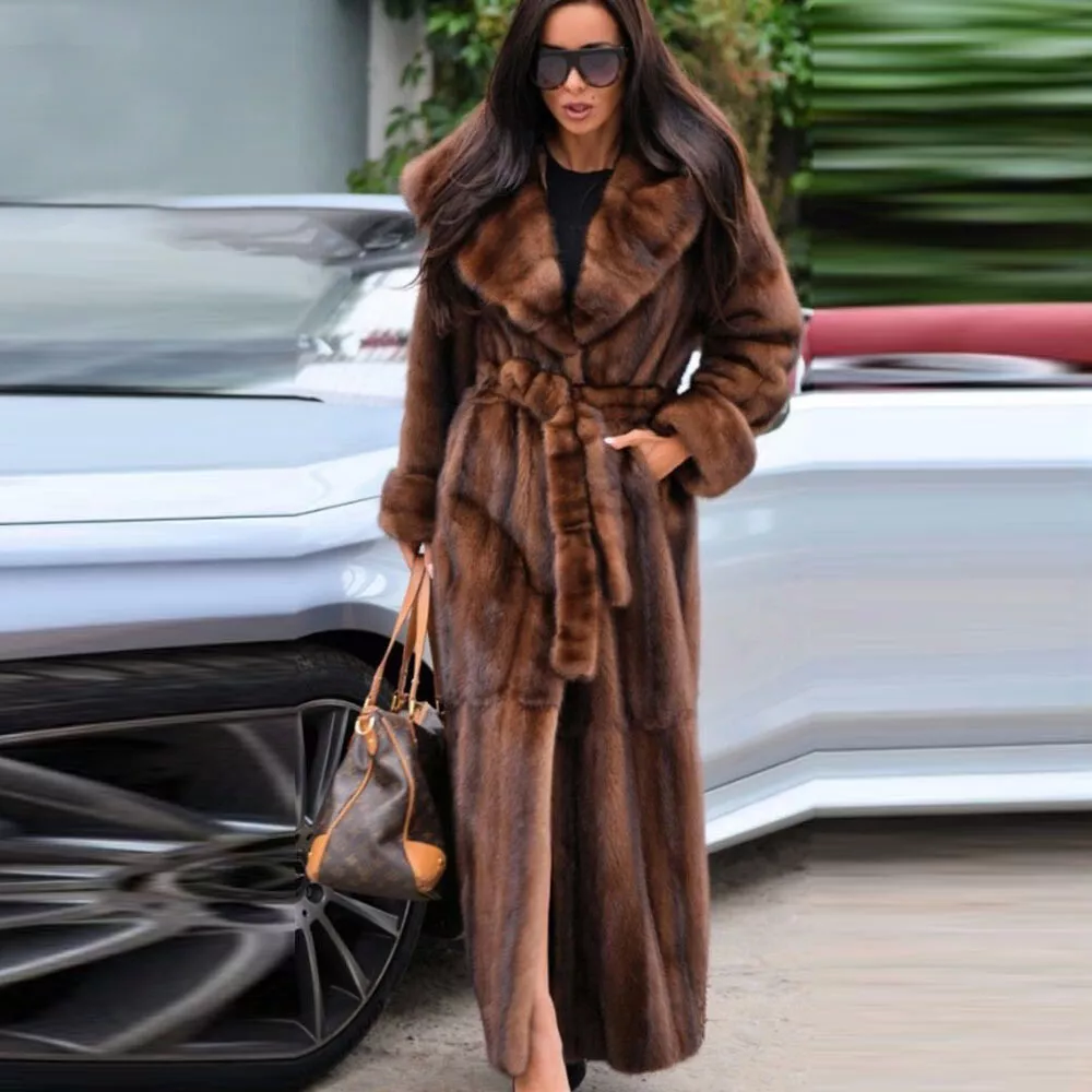 Luxury Women Full Pelt Genuine Mink Fur Coat Hooded Winter Long Real Fur Outwear