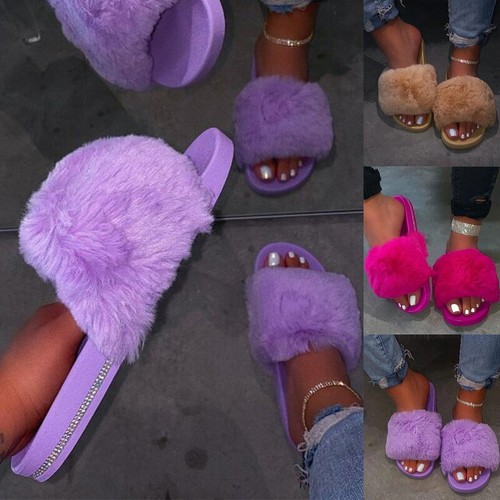 Para mujer Piel Deslizantes Peluznantes Planas Pantuflas Damas Cómodas Deslizantes Sandalias Zapatos - Imagen 1 de 31