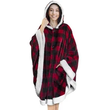 Wearable Hooded Blanket Wrap with Hood Pockets Angel Wrap Poncho Sherpa Fleece