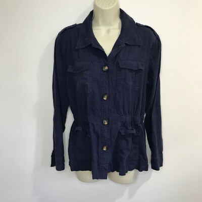 Draper James RSVP Linen Utility Jacket Coat Size Small S Navy Blue Pockets 