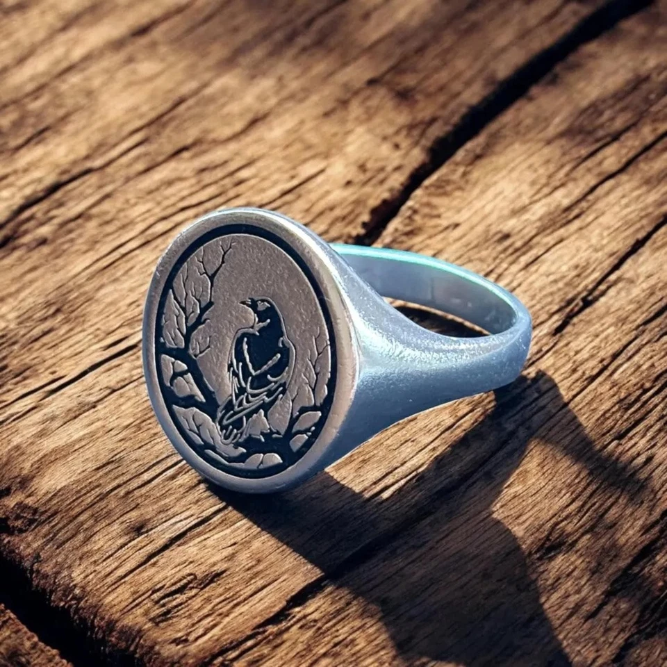 Anillo de sello de pájaro cuervo sagrado de plata de ley 925 anillo gótico artesanal Foto 2 de 4
