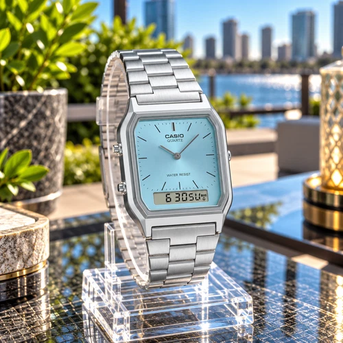 CASIO VINTAGE AQ-230A-2A1MQYDF UNISEX SILVER ANA-DIGI ICE BLUE DIAL WATCH *NEW*