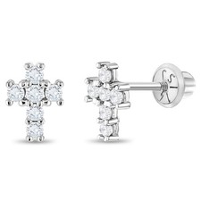 14k White Gold Tiny Cubic Zirconia Religious Cross Screw Back Earrings for Girls