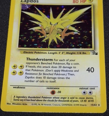 Zapdos 15/62 HOLO BLEED & MISSING HOLO Pattern Error 1999 Pokémon