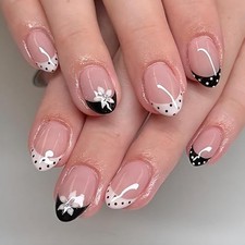 24Pcs French Tip Press on Nails Short Almond Fake Nails Polka Dots Nails-15