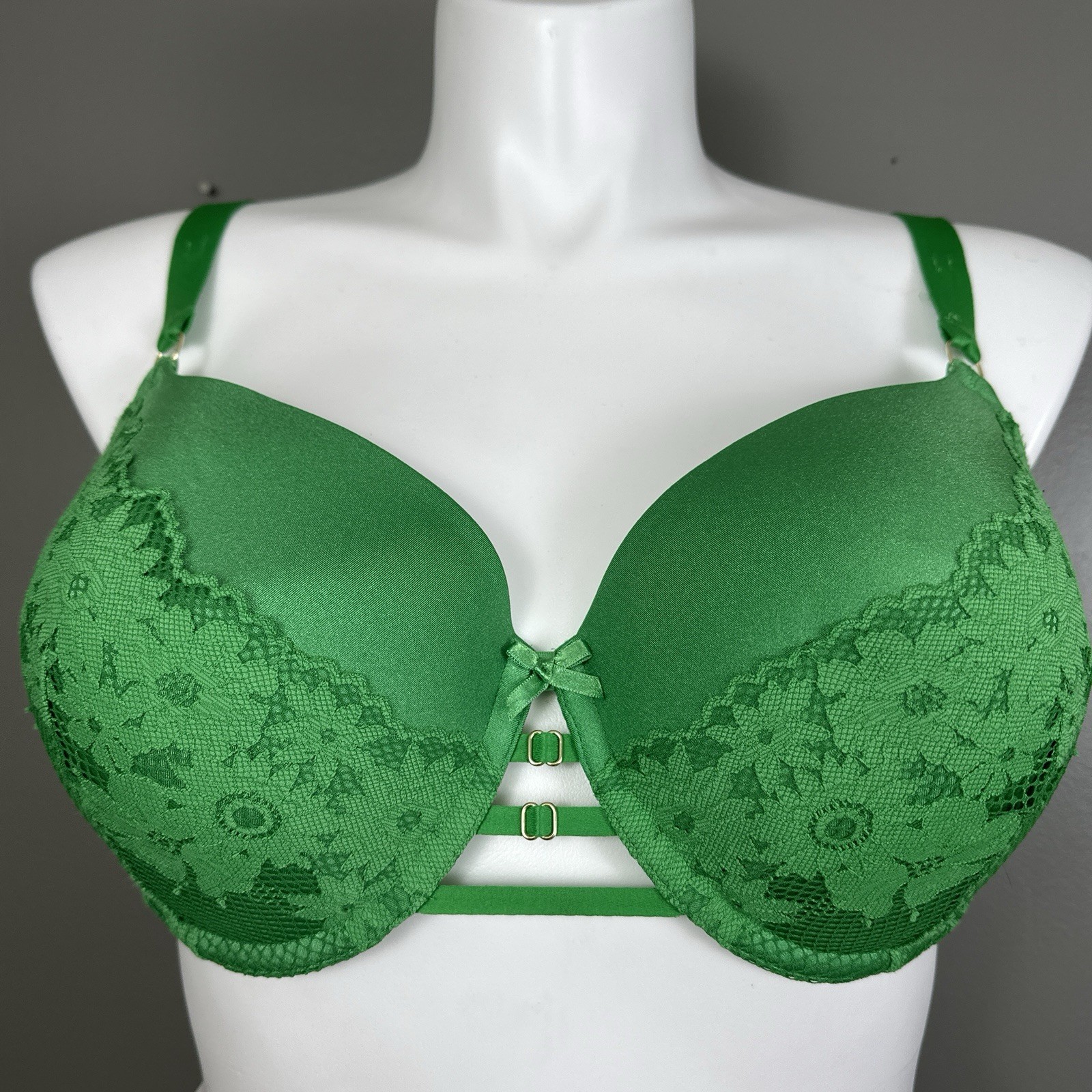 Cacique Bra Size 44D Boost Balconette Push Up Lined Underwire Green Lace Fishnet