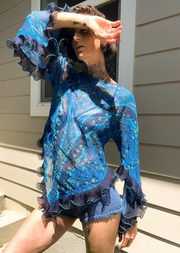 Vtg 70s Zandra Rhodes Hand Printed Silk Tunic Top Angel Sleeves Ruffle Boho S/M
