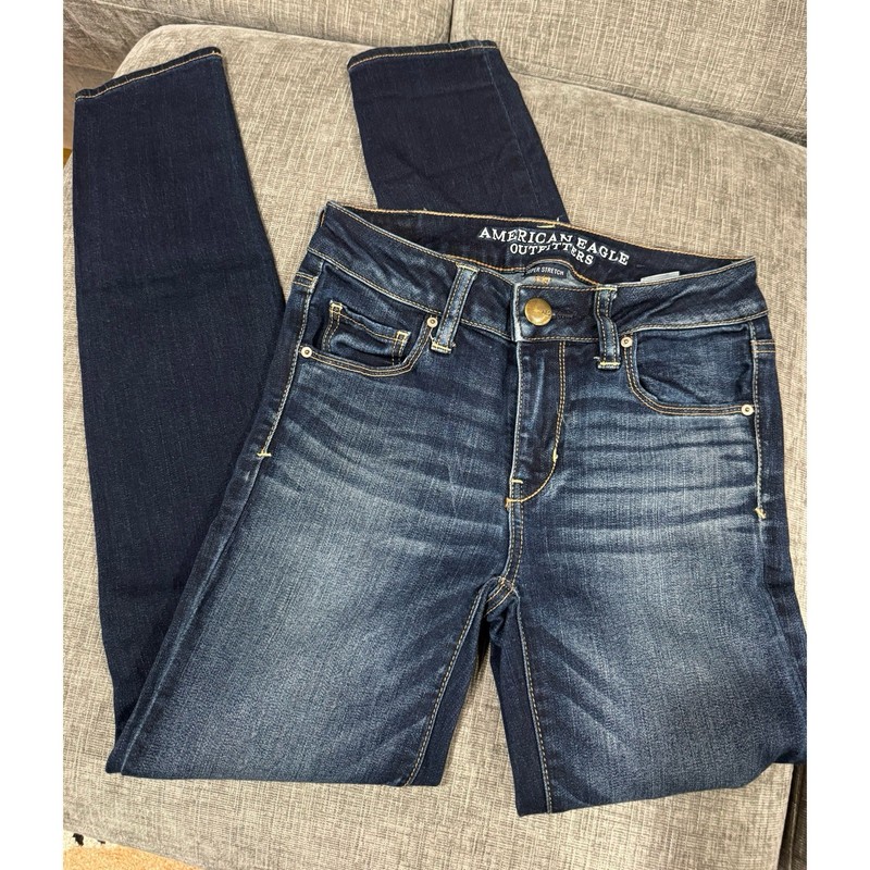 American Eagle Skinny Dark Wash Blue Denim Jeans Stretch Button Size 0 Short