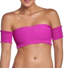 NWOT Pilyq Fuchsia S Solid Smocked Off-Shoulder Bandeau Bikini Swim Top 106952