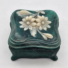 Vintage Incolay Green Marbled Stone Hinged Jewelry Trinket Box White Flowers
