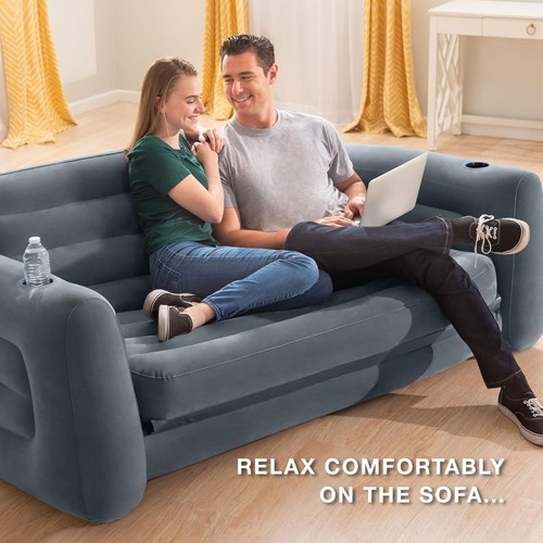Intex Inflatable Pull-Out Sofa: Velvety Surface, 2-in-1 Valve, Grey - Picture 2 of 9