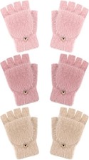 Geyoga 3 Pairs Kids Fingerless Gloves Winter Flip 5-10 Years Beige, Pink, Red