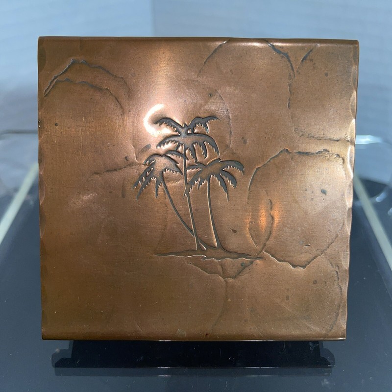 Craftsmen Inc 540 Hammered Hand Made Copper Box w/Palm Trees UTAH COPPER Vintage