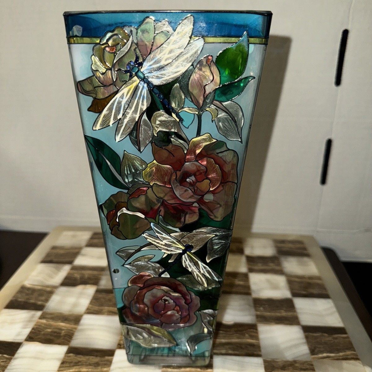 AMIA Studios Hand Painted Glass Vase Orchid Collage Dragonflies