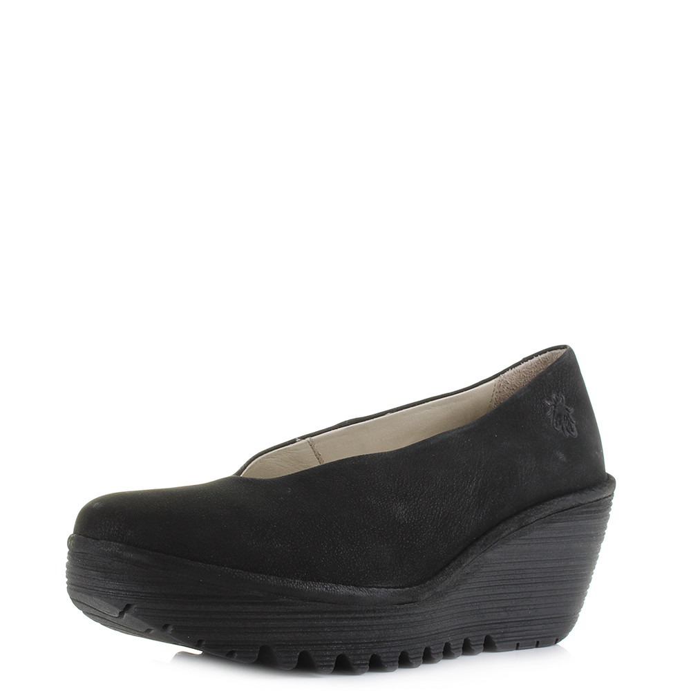 Da Donna Fly London di Yaz in pelle nera Cupido Smart Scarpe Con Zeppa E Tacco Misura Da Donna Fly London di Yaz in pelle nera Cupido Smart Scarpe Con Zeppa E Tacco Misura