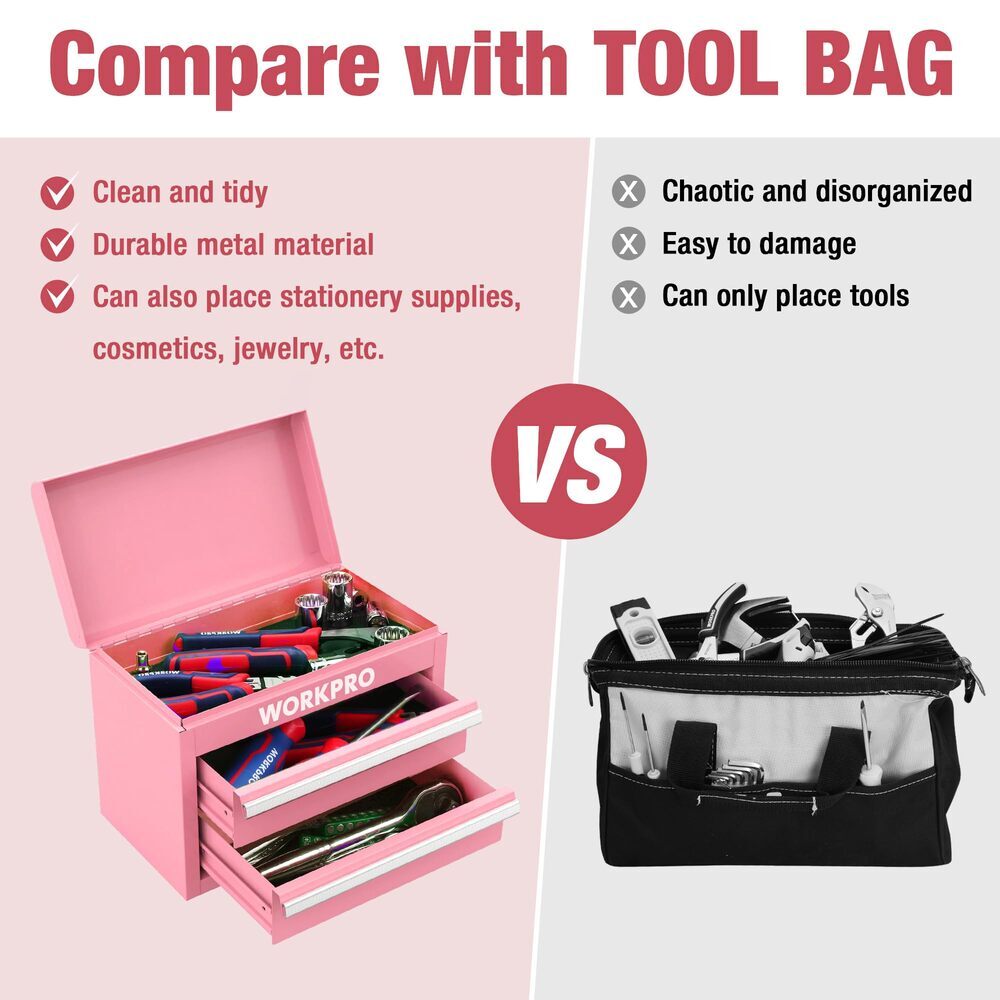 WORKPRO Mini Metal Tool Box 2 Drawers Top Storage Small Tool