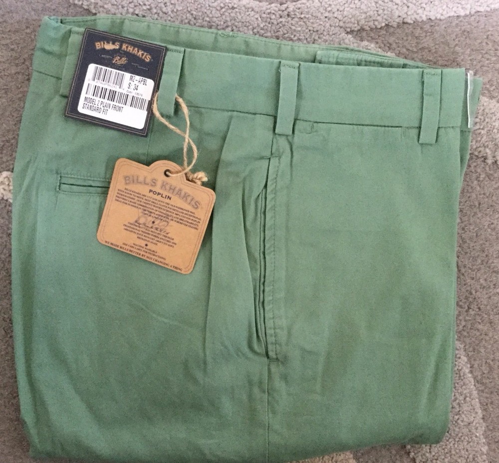 NWT-Bills khakis M2P-APBL Size 34 STANDARD FIT PLEATED POPLIN APPLE GREEN $165
