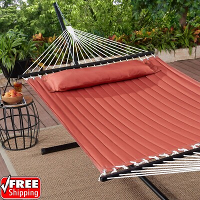 Outdoor Camping Quilted Double Hammock w/ Pillow 445 lb Capacity Heavy duty NEW