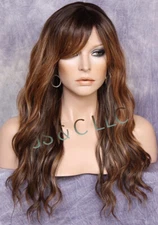 Long Wavy Brown auburn mixed Human Hair Blend Full Wig Heat OK Bangs FBW 7002