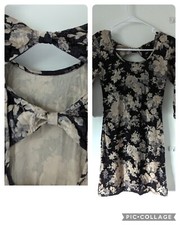 MADE IN UK velvet Vintage Flower Bodycon Party Cocktail Bow Back Dress US 4