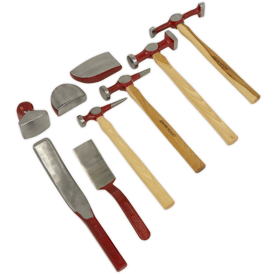 Sealey Panel Beating Set 9pc Bodywork Repair Kit in Case Hickory Hammer Dollies - Image 3 of 4