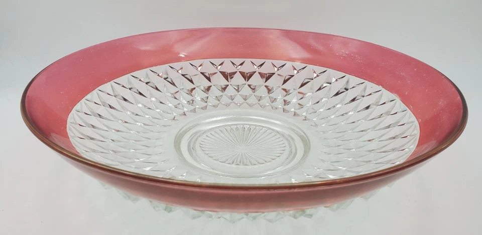 13.5” Indiana Glass Crystal Diamond Point Ruby Stain Chip Salad Serving Bowl Vtg - Image 3 of 4