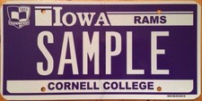 Iowa Cornell College license plate sample Rams Ram Mascot Mount Vernon NCAA