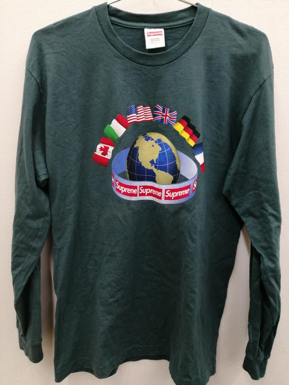 T shirt homme Supreme manches longues imprimé mondial sarcelle taille L