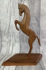 Hand Carved Elegant Wooden Horse Rearing Figurine On Wooden Base