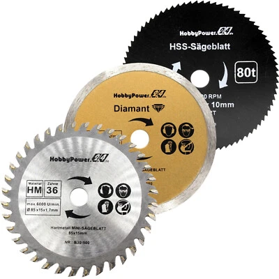 HOBBYPOWER24 Sägeblatt 85x15 mm für Akku Kreissäge 10,8V - 12V passen für Bosch Makita Worx