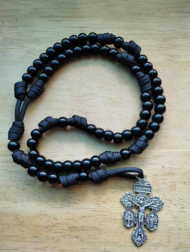 Black Paracord Rosary Beads 10mm Silver 3 Way Pardon Crucifix Rugged Rosaries - Picture 2 of 6