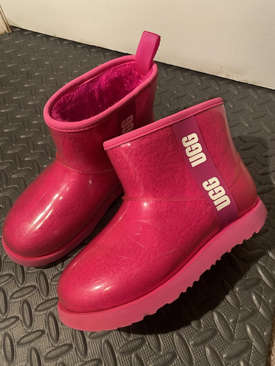 UGG Women s Classic Clear Mini Dragon Fruit Pink Waterproof Rain Boots Size 5.5