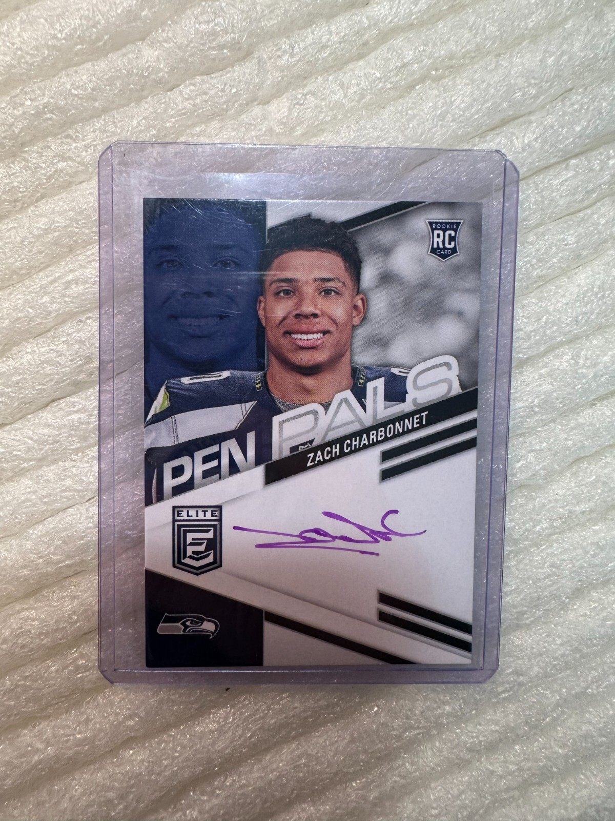 2023 Donruss Elite Zach Charbonnet Pen Pals Rookie PURPLE INK ON CARD AUTO