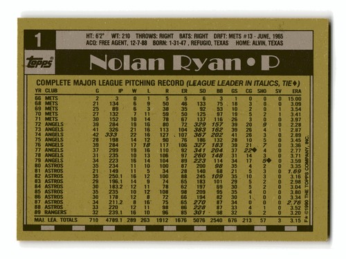 Nolan Ryan 1990 Topps #1 HOF Texas Rangers NM-MINT - 第 2/2 張圖片